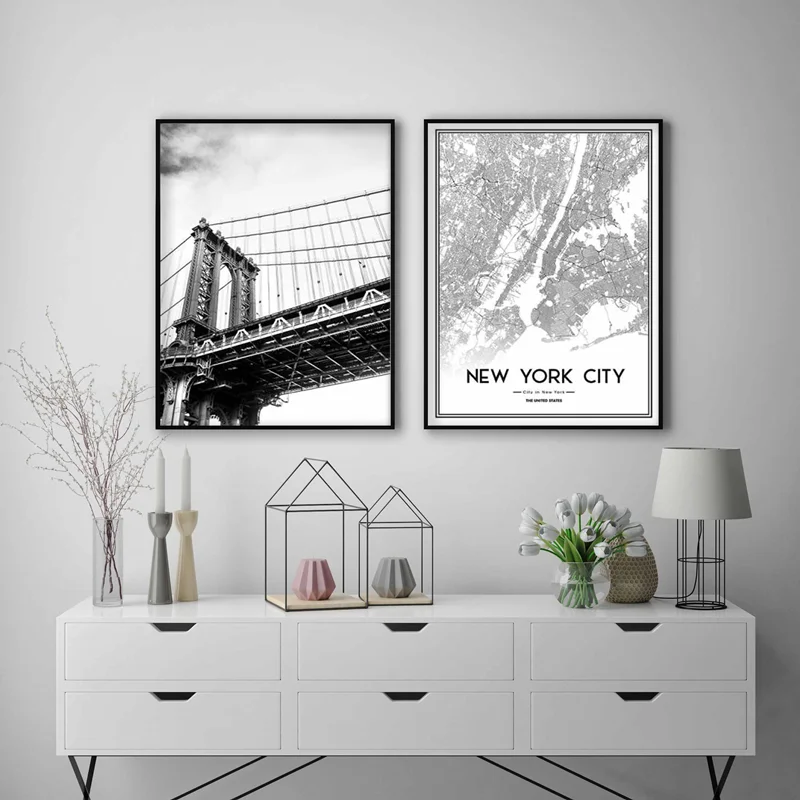 تابلو دکوراتیو طرح پل منهتن و نقشه نیویورک