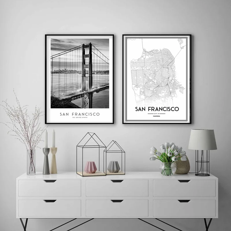 تابلو دکوراتیو طرح پل منهتن و نقشه سانفرانسیسکو