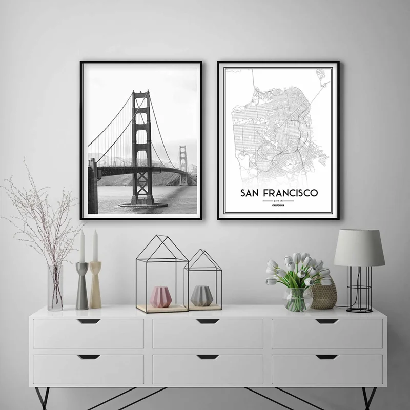 تابلو دکوراتیو طرح پل منهتن و نقشه سانفرانسیسکو